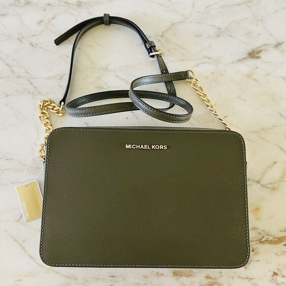 MICHAEL KORS Jet Set Olive Leather Zip Chain Crossbody Bag - Picture 1 of 8